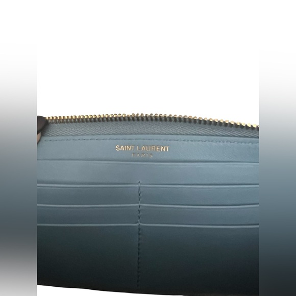 SAINT LAURENT Bleu Glacier Calfskin Leather Classic Y Zip Wallet - Picture 12 of 13